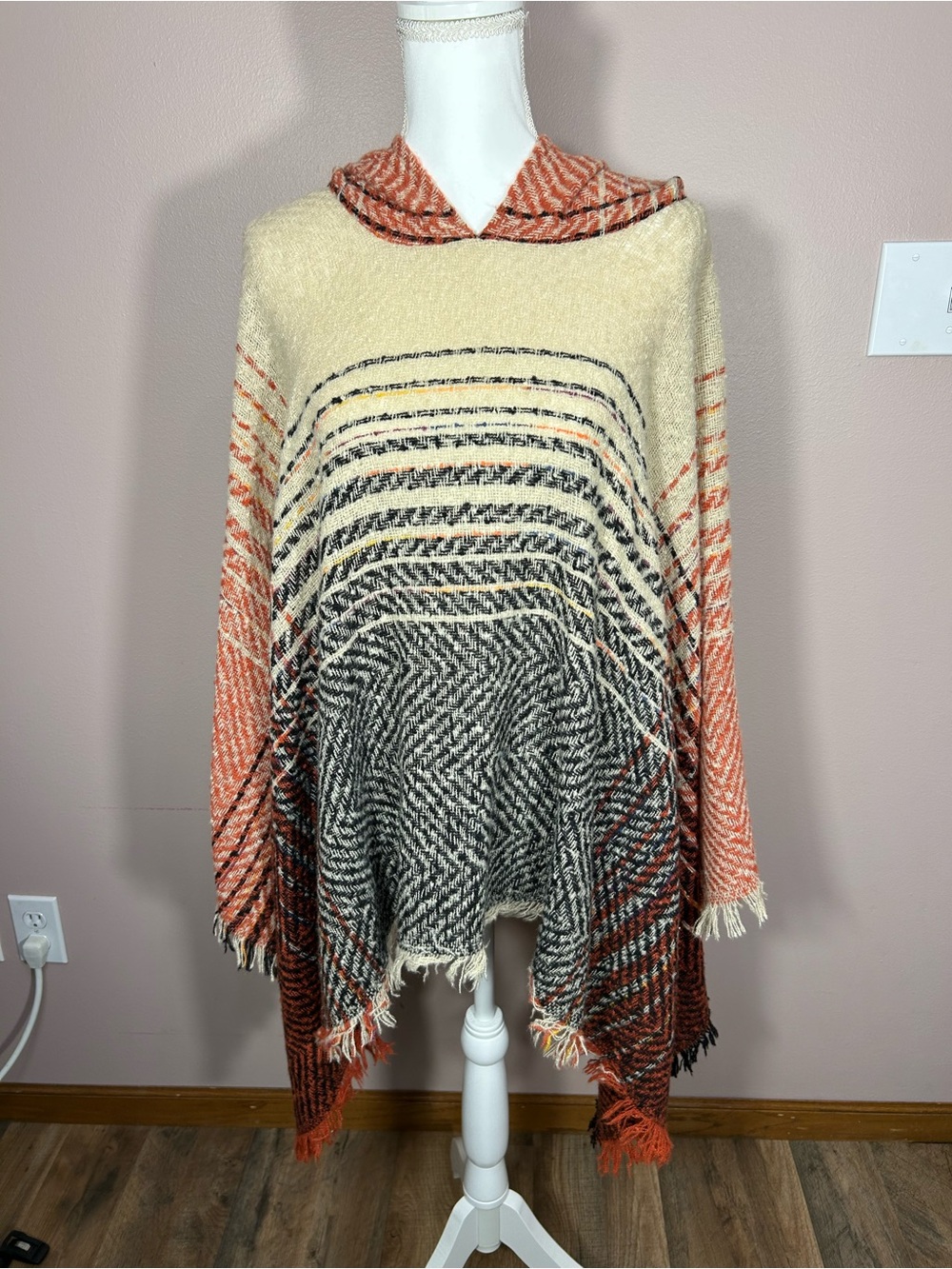 Striped Hooded Poncho Sweater in Cream, Coral & Black
